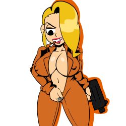blonde_hair blue_eyes breasts enter_the_gungeon gun highres holding jumpsuit large_breasts open_jumpsuit orange_jumpsuit standing the_convict_(enter_the_gungeon) weapon