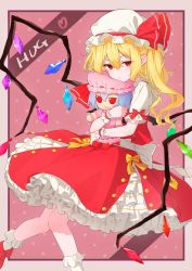 Rule 34 | 1girl, ascot, blonde hair, blush, bow, character doll, crystal, flandre scarlet, fumo (doll), hair between eyes, hat, hat ribbon, highres, hug, kanpa (campagne 9), knees together feet apart, looking at viewer, mob cap, petticoat, pink background, pointy ears, puffy short sleeves, puffy sleeves, red bow, red eyes, red footwear, red ribbon, red skirt, red vest, remilia scarlet, ribbon, shirt, shoes, short hair, short sleeves, skirt, skirt set, socks, solo, touhou, vest, white socks, wings, wrist cuffs