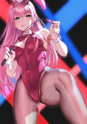 Rule 34 | 1girl, animal ears, armband, blush, bow, bowtie, breasts, commentary request, covered navel, cowboy shot, darling in the franxx, detached collar, fake animal ears, fishnet pantyhose, fishnets, from below, gluteal fold, groin, highres, holding, holding riding crop, horns, leotard, long hair, looking at viewer, looking down, medium breasts, multicolored background, pantyhose, pink hair, playboy bunny, rabbit ears, red leotard, riding crop, skin tight, solar (happymonk), solo, straight hair, thighs, tongue, tongue out, wrist cuffs, zero two (darling in the franxx)