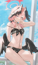 Rule 34 | 1girl, bare shoulders, barefoot, bikini, black bikini, black bow, black wings, blue archive, blue sky, blush, bow, breasts, closed mouth, cloud, collarbone, day, dema hmw, feathered wings, feathers, floral print, front-tie top, hair between eyes, hair ornament, halo, hand on own face, head wings, highres, koharu (blue archive), koharu (swimsuit) (blue archive), long hair, looking at viewer, low twintails, low wings, navel, official alternate costume, pink eyes, pink hair, pink halo, print bikini, red halo, sitting, sky, small breasts, solo, stomach, swimsuit, tearing up, twintails, wariza, wings