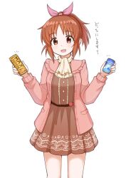 Rule 34 | 1girl, abe nana, ascot, blush, bow, breasts, brown dress, brown eyes, brown hair, can, canned coffee, cardigan, cowboy shot, dot nose, dress, drink can, hair bow, hair ribbon, hands up, holding, holding can, idolmaster, idolmaster cinderella girls, idolmaster cinderella girls starlight stage, long sleeves, looking at viewer, medium breasts, open cardigan, open clothes, open mouth, pink cardigan, pink ribbon, ponytail, ribbon, short hair, simple background, smile, solo, standing, white ascot, white background, youdie