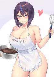 Rule 34 | 1girl, apron, bare shoulders, batter, blue eyes, blue hair, blush, breasts, clothes writing, collarbone, english text, female focus, heart, heart-shaped pupils, kuavera, large breasts, looking at viewer, miyako (kuavera), naked apron, original, purple hair, short hair, simple background, solo, symbol-shaped pupils, thighs, whisk, white background
