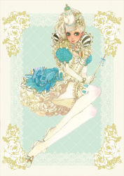 Rule 34 | 1girl, blonde hair, blue eyes, bow, bracelet, dress, earrings, elbow gloves, flower, frills, gathers, gloves, green eyes, high heels, jewelry, lace, lace-trimmed legwear, lace trim, lipstick, long hair, makeup, original, painting (medium), petticoat, rose, sakizou, shoes, solo, teapot, thighhighs, traditional media, watercolor (medium), white hair, white thighhighs