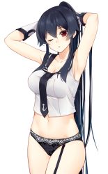 Rule 34 | 1girl, anchor symbol, armpits, arms behind head, arms up, black hair, black necktie, black panties, black sailor collar, breasts, cleavage, collarbone, cowboy shot, elbow gloves, garter straps, gloves, ichinomiya (blantte), kantai collection, large breasts, lingerie, long hair, looking at viewer, navel, necktie, panties, ponytail, red eyes, sailor collar, shirt, sidelocks, simple background, sleeveless, sleeveless shirt, solo, standing, tareme, thighs, underwear, very long hair, white background, white gloves, white shirt, yahagi (kancolle)