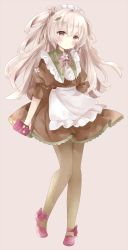 Rule 34 | 1girl, absurdres, apron, bad id, bad pixiv id, blush, bow, brown background, brown bow, brown dress, brown eyes, brown hair, brown pantyhose, closed mouth, commentary request, double bun, dress, flower, full body, hair between eyes, hair bun, highres, holding, long hair, maid headdress, original, pantyhose, polka dot, polka dot bow, puffy short sleeves, puffy sleeves, red bow, red footwear, shoes, short sleeves, simple background, smile, solo, standing, standing on one leg, tsukiyo (skymint), two side up, very long hair, waist apron, white apron, white flower
