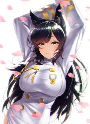 Rule 34 | 1girl, animal ears, arms up, atago (azur lane), azur lane, black hair, breasts, chromatic aberration, commentary request, dog ears, highres, kagiyama (clave), large breasts, logo, long hair, long sleeves, looking at viewer, medal, military, military uniform, mole, mole under eye, petals, simple background, smile, solo, uniform, upper body, white background, yellow eyes