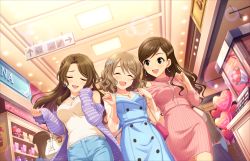 Rule 34 | 3girls, :3, ^ ^, annindoufu (oicon), arrow (symbol), bag, blush, breasts, brown hair, closed eyes, earrings, etou misaki (idolmaster), facing away, facing viewer, flower, girl sandwich, hair flower, hair ornament, handbag, idolmaster, idolmaster cinderella girls, idolmaster cinderella girls starlight stage, indoors, jewelry, kishibe ayaka, large breasts, long hair, looking at another, mall, messy hair, mother&#039;s day, multiple girls, necklace, official art, open mouth, sandwiched, short hair, smile, tsukimiya miyabi, wavy hair