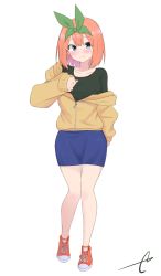 Rule 34 | 1girl, black shirt, blue eyes, blue skirt, blush, brown jacket, closed mouth, collarbone, commentary request, eyebrows hidden by hair, full body, go-toubun no hanayome, green ribbon, hair between eyes, hair ribbon, hand up, highres, jacket, kujou karasuma, long sleeves, looking at viewer, nakano yotsuba, off shoulder, open clothes, open jacket, orange hair, red footwear, ribbon, shirt, shoes, signature, simple background, skirt, sleeves past wrists, smile, solo, standing, standing on one leg, white background