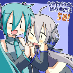 Rule 34 | 2girls, ;d, detached sleeves, green hair, hair ornament, hair ribbon, hatsune miku, headphones, holding hands, long hair, minami (colorful palette), multiple girls, one eye closed, open mouth, ponytail, ribbon, silver hair, smile, translation request, twintails, vocaloid, yowane haku