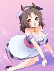 Rule 34 | 1girl, ahoge, all fours, animal ears, bell, neck bell, blush, breasts, brown eyes, brown hair, character request, cleavage, collar, cow ears, cow horns, cow tail, cowbell, dress, hairband, highres, horns, large breasts, open mouth, pretty series, pripara, short hair, solo, tail, takano natsuki