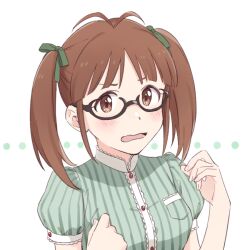 Rule 34 | 1girl, akizuki ritsuko, alternate hairstyle, antenna hair, black-framed eyewear, blush, bow, breasts, brown eyes, brown hair, clenched hand, demirinz, glasses, green ribbon, green shirt, hair bow, hair ribbon, hands up, idolmaster, idolmaster (classic), idolmaster million live!, idolmaster million live! theater days, large breasts, looking at viewer, open mouth, ribbon, shirt, short hair, short sleeves, simple background, solo, striped clothes, striped shirt, twintails, upper body, wavy mouth, white background