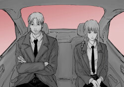 Rule 34 | 1boy, 1girl, braid, car interior, car seat, chainsaw man, closed mouth, coat, expressionless, formal, haevaf, kishibe (chainsaw man), makima (chainsaw man), monochrome, necktie, overcoat, short hair, sidelocks, single braid, sitting, spot color, suit, upper body, window