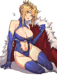 Rule 34 | 1girl, absurdres, artoria pendragon (fate), artoria pendragon (lancer) (fate), bad id, bad pixiv id, bare shoulders, blonde hair, blue gloves, blue leotard, blue thighhighs, braid, breasts, cape, cleavage, cleavage cutout, clothing cutout, crown, elbow gloves, fate/grand order, fate (series), french braid, fur collar, gloves, green eyes, hair between eyes, heattech leotard, highleg, highleg leotard, highres, jinlin, large breasts, leotard, long hair, looking at viewer, navel, navel cutout, red cape, sidelocks, smile, solo, sparkle, thighhighs, turtleneck
