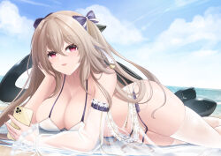 Rule 34 | 1girl, anchorage (azur lane), anchorage (dolphins and swim lessons) (azur lane), azur lane, beach, bikini, bow, breasts, cleavage, collarbone, detached sleeves, hair between eyes, hair bow, heart, holding, holding phone, inflatable orca, inflatable toy, large breasts, light brown hair, long hair, lying, ocean, official alternate costume, parted lips, phone, pink eyes, purple bow, rika ryne, see-through, see-through sleeves, shore, side-tie bikini bottom, signature, solo, swimsuit, thighhighs, white bikini, white thighhighs