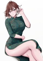 Rule 34 | 1girl, absurdres, aketa mikoto, blush, breasts, brown hair, china dress, chinese clothes, commentary request, dress, earrings, green dress, hand up, highres, hourai ninjin, idolmaster, idolmaster shiny colors, jewelry, large breasts, looking at viewer, parted lips, red eyes, side slit, simple background, sitting, thighs, white background