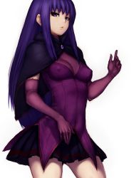 Rule 34 | 1girl, blue hair, breasts, cape, capelet, covered erect nipples, elbow gloves, fumio (rsqkr), gloves, lips, long hair, malariya, pleated skirt, purple eyes, purple hair, quiz magic academy, simple background, skirt, small breasts, solo, thighs