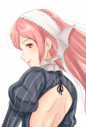 Rule 34 | 1girl, backless outfit, cherche (fire emblem), closed mouth, fire emblem, fire emblem awakening, from behind, hairband, long hair, looking back, nintendo, red eyes, red hair, shimizu akina, simple background, smile, solo, upper body, white background