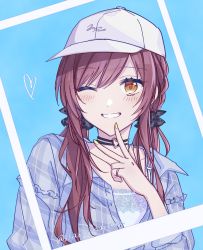 Rule 34 | 1girl, ;d, blue background, blush, framed, grin, hair ornament, hair scrunchie, heart, heart o-ring, highres, idolmaster, idolmaster shiny colors, jewelry, looking at viewer, nail polish, nakirinanase, one eye closed, open mouth, osaki amana, red hair, ring, scrunchie, simple background, smile, solo, twintails, upper body, w, white headwear, yellow eyes