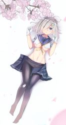Rule 34 | 10s, 1girl, absurdres, blue eyes, breasts, cherry blossoms, full body, gendo0032, gendo0033, gloves, hair ornament, hair over one eye, hairclip, hamakaze (kancolle), highres, kantai collection, medium breasts, panties, panties under pantyhose, pantyhose, school uniform, serafuku, short hair, silver hair, solo, torn clothes, underboob, underwear
