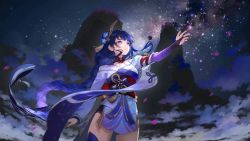 Rule 34 | 1girl, absurdres, armor, braid, breasts, bridal gauntlets, cleavage, commentary request, floral print, flower, genshin impact, hair ornament, highres, japanese clothes, kimono, large breasts, long hair, long sleeves, mitsudomoe (shape), mole, mole under eye, mountain, nail polish, night, night sky, obi, obiage, obijime, outdoors, parted lips, purple eyes, purple flower, purple hair, purple nails, purple thighhighs, rafaelaaa, raiden shogun, ribbon, sash, shoulder armor, sky, solo, star (sky), starry sky, tassel, thighhighs, tomoe (symbol), wide sleeves