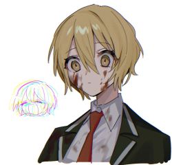 Rule 34 | 1girl, blonde hair, blood, blood on clothes, blood on face, closed mouth, don quixote (project moon), expressionless, formal, green suit, limbus company, mu46016419, necktie, project moon, red necktie, shirt, short hair, suit, white background, white shirt, yellow eyes