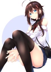 Rule 34 | 1girl, absurdres, ahoge, bad id, bad twitter id, bag, between legs, black thighhighs, blue eyes, blush, braid, brown hair, from below, hair between eyes, hair flaps, hair ornament, hand between legs, handbag, highres, kantai collection, looking at viewer, numpopo, off-shoulder shirt, off shoulder, official alternate costume, shigure (kancolle), shigure kai ni (kancolle), shirt, single braid, sitting, solo, thighhighs