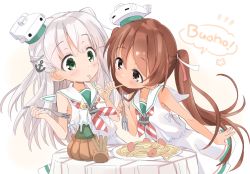 Rule 34 | 2girls, anchor, anchor hair ornament, bad id, bad twitter id, blush, brown eyes, brown hair, candle, dark-skinned female, dark skin, dress, eating, food, fork, green eyes, hair ornament, hair ribbon, highres, hizuki yayoi, holding, holding fork, kantai collection, libeccio (kancolle), long hair, maestrale (kancolle), meatball, mouth hold, multiple girls, one side up, pasta, ribbon, sailor collar, sailor dress, silver hair, simple background, sleeveless, sleeveless dress, spaghetti, spaghetti and meatballs, striped neckwear, table, tablecloth, tan, twintails, white background