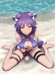 Rule 34 | 1girl, animal ear fluff, animal ears, beach, bikini, blush, breasts, brown eyes, cementite, cleavage, collarbone, commentary, covered erect nipples, day, highres, large breasts, long hair, looking at viewer, looking up, makoto (princess connect!), makoto (summer) (princess connect!), navel, o-ring, o-ring bikini, o-ring top, ocean, outdoors, princess connect!, purple bikini, purple hair, sand, sitting, solo, swimsuit, tail, tears, wariza, water, wolf ears, wolf girl, wolf tail, yellow eyes
