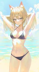 Rule 34 | 1girl, absurdres, animal ear fluff, animal ears, armpits, arms behind head, arms up, bare arms, bare shoulders, beach, bikini, black bikini, blonde hair, blue sky, blush, breasts, cat ears, character request, cleavage, closed mouth, cloud, collarbone, cowboy shot, damcheong, day, gradient eyes, green eyes, hair between eyes, halterneck, hand in own hair, highres, long hair, looking at viewer, medium breasts, midriff, multicolored eyes, navel, ocean, original, outdoors, sidelocks, sky, solo, standing, stomach, swimsuit, water, yellow eyes