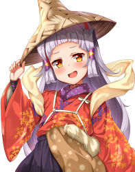 Rule 34 | 1girl, :d, black skirt, blunt bangs, blush, brown eyes, brown headwear, commentary request, cosplay, hand on headwear, hand up, head tilt, highres, hololive, japanese clothes, kimono, kuragari, leaf print, long hair, long sleeves, looking at viewer, murasaki shion, open mouth, pleated skirt, print kimono, red kimono, sakuna-hime, sakuna-hime (cosplay), shawl, sidelocks, silver hair, simple background, skirt, smile, solo, tensui no sakuna-hime, very long hair, virtual youtuber, white background, wide sleeves