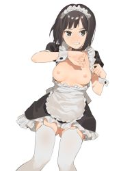 Rule 34 | 1girl, 2l (2lsize), apron, bad id, bad twitter id, black hair, blush, breasts, breasts out, brown eyes, choker, clenched teeth, embarrassed, full-face blush, gluteal fold, highres, looking at viewer, maid, maid headdress, medium breasts, nipples, original, pussy, pussy peek, short hair, simple background, skirt, solo, teeth, thighhighs, top pull, white thighhighs, wrist cuffs, zettai ryouiki