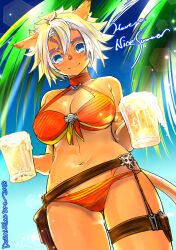 Rule 34 | 1girl, 2018, adventurer (ff11), alcohol, animal ears, bare shoulders, beer, beer mug, belt, bikini, blue eyes, breasts, brown belt, cat ears, cat girl, cat tail, choker, cleavage, closed mouth, colored eyelashes, cowboy shot, cup, doraeshi, facial mark, final fantasy, final fantasy xi, front-tie bikini top, front-tie top, hair between eyes, halterneck, highres, holding, holding cup, large breasts, lens flare, looking at viewer, mithra (ff11), mug, navel, red bikini, red choker, short hair, smile, solo, standing, swimsuit, tail, thigh strap, whisker markings, white hair