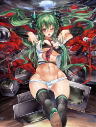 Rule 34 | 1girl, between breasts, black bra, black thighhighs, blush, boots, bra, breasts, crt, detached sleeves, flower, green hair, hatsune miku, headgear, himuro shunsuke, large breasts, long hair, lying, microphone, necktie, one eye closed, open clothes, open mouth, open shirt, panties, petals, red eyes, shirt, solo, striped necktie, striped neckwear, television, thigh boots, thighhighs, twintails, underwear, vocaloid, white panties, wink