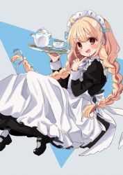 Rule 34 | 1girl, :d, alternate costume, apron, blonde hair, blush, braid, cup, dress, enmaided, finger to own chin, futaba anzu, highres, holding, holding tray, idolmaster, idolmaster cinderella girls, juliet sleeves, knees up, long sleeves, looking at viewer, maid, maid headdress, mary janes, open mouth, pinafore dress, puffy sleeves, rino cnc, shoes, sleeveless dress, smile, solo, teacup, teapot, tray, twin braids, white apron
