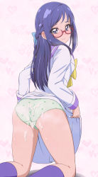 Rule 34 | 1girl, acchi (koiyimknp), ass, blue eyes, blue hair, blush, closed mouth, cum, cum on ass, cum on body, cum on clothes, cum on lower body, dokidoki! precure, female focus, from behind, glasses, green panties, heart, heart background, highres, hishikawa rikka, kneeling, long hair, looking at viewer, looking back, oogai daiichi middle school uniform, panties, pink background, precure, print panties, red-framed eyewear, school uniform, semi-rimless eyewear, socks, solo, thighs, under-rim eyewear, underwear, wavy mouth