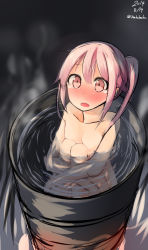 Rule 34 | 10s, 1girl, 2014, bad id, bad pixiv id, bath, bathing, blush, breasts, dated, drum (container), full-face blush, harusame (kancolle), in container, kantai collection, hugging own legs, looking at viewer, nekobaka, nose blush, nude, onsen, partially submerged, pink eyes, pink hair, side ponytail, small breasts, solo, tears, twitter username, wavy mouth