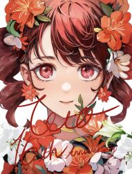 Rule 34 | 1girl, character name, closed mouth, commentary, commentary request, drill hair, english commentary, english text, flower, hair flower, hair ornament, highres, kasane teto, looking at viewer, mixed-language commentary, mococo (w-drill), portrait, red eyes, red flower, red hair, sanpaku, simple background, smile, solo, twin drills, utau, white background, white flower