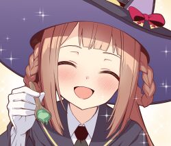 Rule 34 | 1girl, absurdres, animal ears, black hat, black necktie, blush, brown hair, closed eyes, collared shirt, facing viewer, gloves, hat, highres, holding, holding spoon, horse ears, horse girl, long hair, necktie, nueco, open mouth, portrait, shirt, smile, solo, sparkle, spoon, sweep tosho (umamusume), umamusume, white gloves, white shirt, witch hat