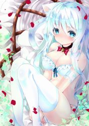 Rule 34 | 1girl, animal ears, bad id, bad pixiv id, bare shoulders, bell, between legs, blue bra, blue eyes, blue hair, blue panties, blush, bow, bra, breasts, brown collar, cat ears, cat girl, cat tail, cleavage, closed mouth, collar, commentary request, feet out of frame, hair between eyes, hand between legs, jingle bell, knees up, long hair, looking at viewer, medium breasts, nanase nao, neck bell, original, panties, petals, red bow, side-tie panties, solo, tail, thighhighs, underwear, underwear only, very long hair, white thighhighs