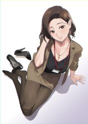 Rule 34 | 1girl, breasts, brown eyes, brown hair, cleavage, forehead, ganbare douki-chan, hand up, high heels, id card, jewelry, large breasts, looking at viewer, mameojitan, necklace, office lady, open mouth, pantyhose, parted lips, pencil skirt, seiza, senpai-san (douki-chan), shoes, unworn shoes, short hair, simple background, sitting, skirt, solo, third-party source, white background