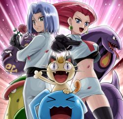 Rule 34 | &gt; &lt;, 1boy, 1girl, arbok, big hair, black gloves, blue eyes, blue hair, breasts, creatures (company), earrings, closed eyes, fang, game freak, gen 1 pokemon, gen 2 pokemon, gloves, green eyes, hair slicked back, james (pokemon), jessie (pokemon), jewelry, large breasts, long hair, long sleeves, looking at viewer, meowth, midriff, nintendo, open mouth, petals, pokemoa, pokemon, pokemon (anime), pokemon (classic anime), pokemon (creature), red hair, short hair, skirt, smile, team rocket, teeth, thighhighs, tongue, tongue out, victreebel, weezing, white skirt, wobbuffet, zettai ryouiki