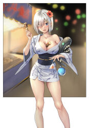 Rule 34 | 1girl, animal, blue eyes, breasts, cleavage, collarbone, feet out of frame, fish, flower, goldfish, grey hair, hair flower, hair ornament, hair over one eye, hairclip, hamakaze (kancolle), highres, japanese clothes, kantai collection, kimono, kokuzou, large breasts, long sleeves, looking down, obi, official alternate costume, open mouth, red flower, sash, short hair, solo, white kimono, wide sleeves