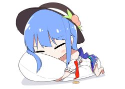 Rule 34 | 1girl, = =, bad id, bad pixiv id, bare shoulders, barefoot, black headwear, blouse, blue hair, blue skirt, blush, chibi, coin, commentary request, food, fruit, hinanawi tenshi, leaf, long hair, lying, miniskirt, neropaso, off shoulder, on stomach, peach, petticoat, red ribbon, ribbon, shadow, shirt, sidelocks, simple background, skirt, sleeping, solo, touhou, white background, white shirt