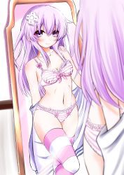 Rule 34 | 1girl, blouse, blurry, blush, bra, breasts, cleavage, d-pad, depth of field, ex idol, hair between eyes, hair ornament, highres, long hair, looking at viewer, mirror, nepgear, neptune (series), open clothes, open shirt, panties, purple eyes, purple hair, reflection, shirt, smile, solo, striped bra, striped clothes, striped panties, striped thighhighs, thighhighs, underwear, underwear only