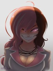 Rule 34 | &gt;:d, 1girl, :d, ahoge, artist name, breasts, cleavage, cslucaris, evil grin, evil smile, glowing, glowing eyes, grin, heterochromia, highres, jewelry, large breasts, looking at viewer, md5 mismatch, multicolored eyes, multicolored hair, necklace, neo politan, open mouth, rwby, shaded face, simple background, smile, solo, split-color hair, teeth, upper body, v-shaped eyebrows