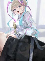 Rule 34 | 1girl, aqua nails, black bag, blue eyes, blue hair, blurry, blush, breasts, chouzetsusaikawa tenshi-chan, commentary request, depth of field, highres, i!roha, light brown hair, long hair, long sleeves, looking back, medium breasts, multicolored hair, needy girl overdose, open mouth, pink hair, quad tails, ribbon, sailor collar, shirt, solo, thighs, tongue, white shirt, yellow ribbon