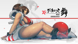 Rule 34 | 1girl, bare shoulders, breasts, brown hair, character name, fatal fury, ickpot, large breasts, legs, long hair, ninja, pelvic curtain, petals, ponytail, shiranui mai, sideboob, sleeveless, snk, the king of fighters, thighs