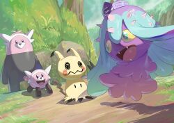 Rule 34 | absurdres, bewear, black eyes, colored sclera, commentary request, creatures (company), day, fangs, game freak, gen 7 pokemon, gen hoshi, grass, green eyes, highres, mareanie, mimikyu, nintendo, no humans, open mouth, outdoors, pokemon, pokemon (creature), solid oval eyes, stufful, tongue, yellow pupils, yellow sclera