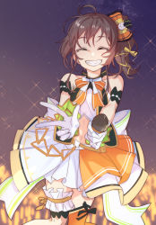 Rule 34 | 1girl, ahoge, asymmetrical legwear, brown hair, clenched teeth, closed eyes, dark talker, gloves, grin, highres, hololive, light stick, messy hair, natsuiro matsuri, navel, official alternate costume, one side up, ribbon, skirt, smile, solo, teeth, uneven legwear, virtual youtuber, white gloves