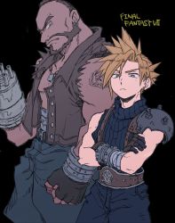 Rule 34 | 2boys, als8za, arm tattoo, armor, bandaged arm, bandages, bare shoulders, barret wallace, beard, belt, black background, black gloves, blonde hair, blue pants, blue shirt, brown belt, brown gloves, brown hair, brown vest, cloud strife, cowboy shot, crossed arms, dark-skinned male, dark skin, dog tags, earrings, facial hair, final fantasy, final fantasy vii, fingerless gloves, gloves, green pants, gun, hair between eyes, jewelry, looking at viewer, male focus, multiple boys, muscular, muscular male, pants, prosthetic weapon, shirt, short hair, shoulder armor, single bare shoulder, single earring, sleeveless, sleeveless turtleneck, spiked hair, square enix, standing, suspenders, tattoo, thick eyebrows, toned, toned male, torn clothes, torn sleeves, turtleneck, very short hair, vest, weapon